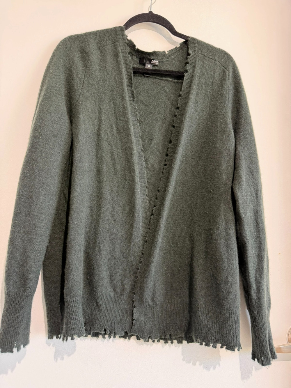 AQUA 100% Cashmere Frayed Hem Edgy Open Cardigan Sweater Hunter Olive Green Sz-S